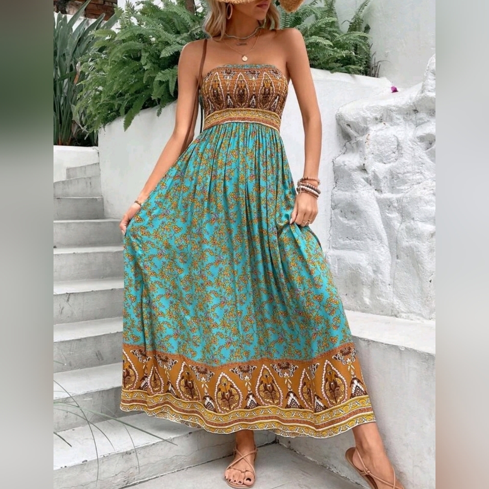 NEW Boho Floral Print Smocked Tube Top Dress Teal Blue Green Yellow Tan - Picture 2 of 11